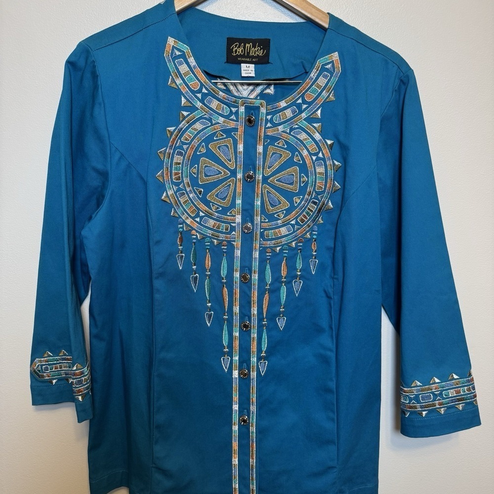 Vintage Bob Mackie Wearable Art Embroidered Southwestern Teal Jacket Womens‎ Med